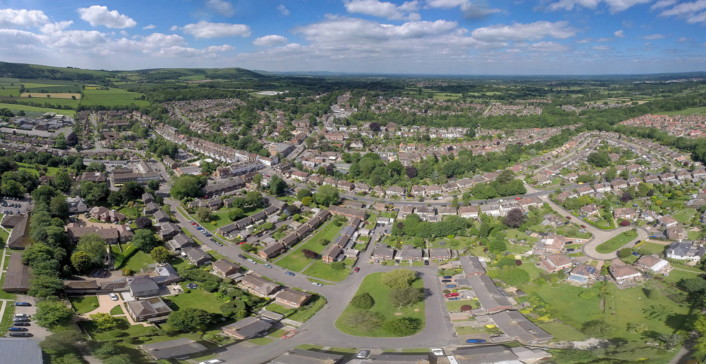 For really wide-angle views multiple images can be stitched together such as this view of the town of Hassocks.